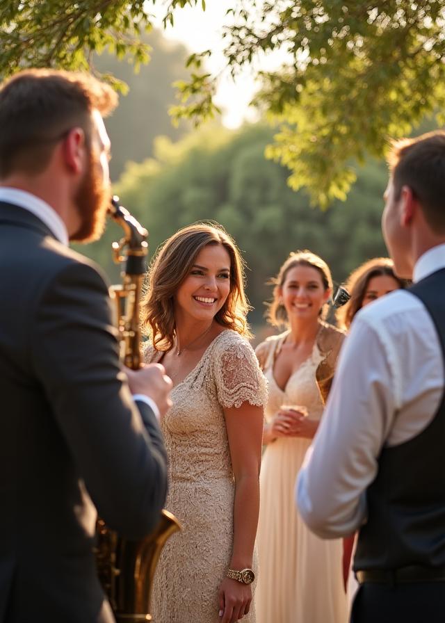La banda tocando al aire libre durante el cóctel de una boda en una finca.