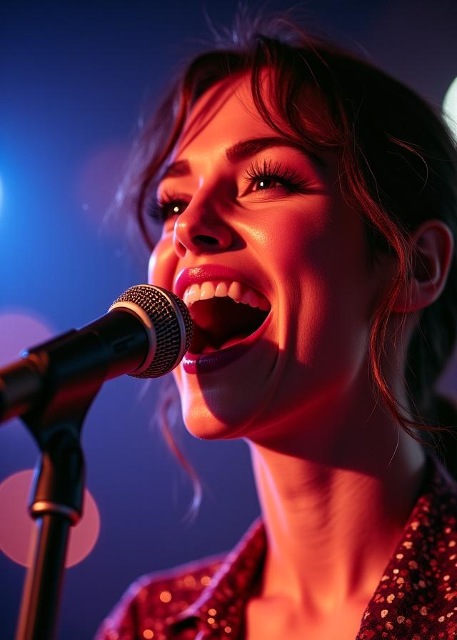 Primer plano de la cantante de la banda durante una actuación.