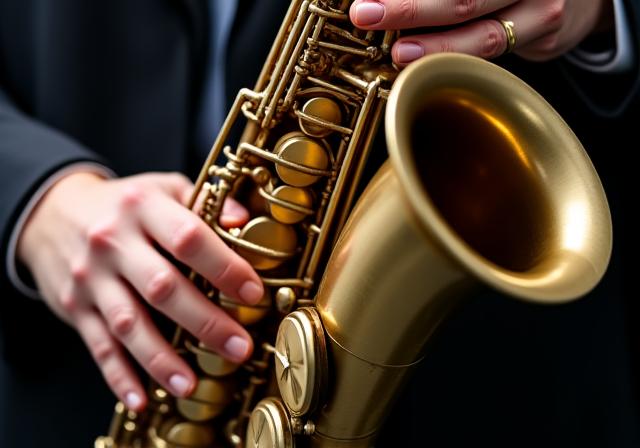 Detalle de las manos de un músico tocando el saxofón.
