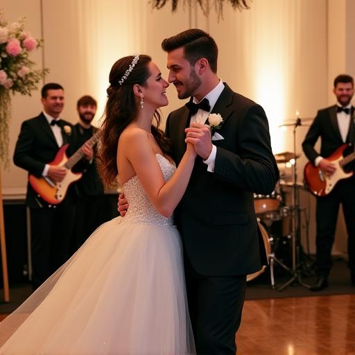 Pareja de novios bailando mientras la banda de jazz toca en su boda.